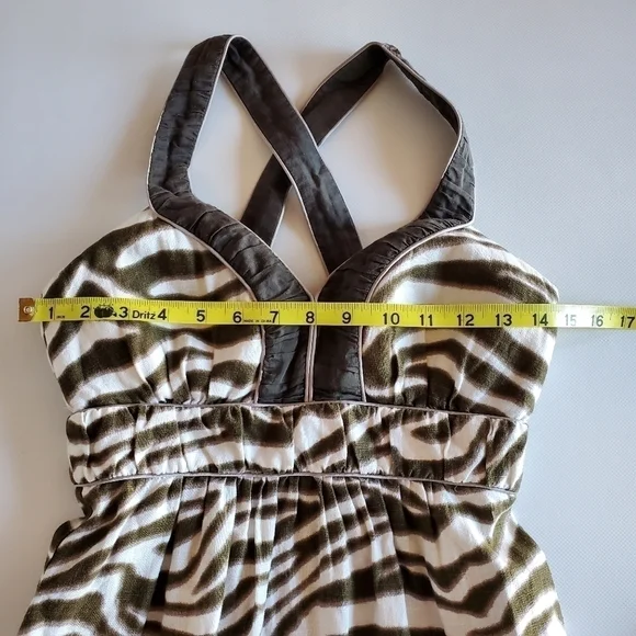 7348 * Banana Republic Animal Print Linen Dress Olive Green White Size 0P - Picture 8 of 10